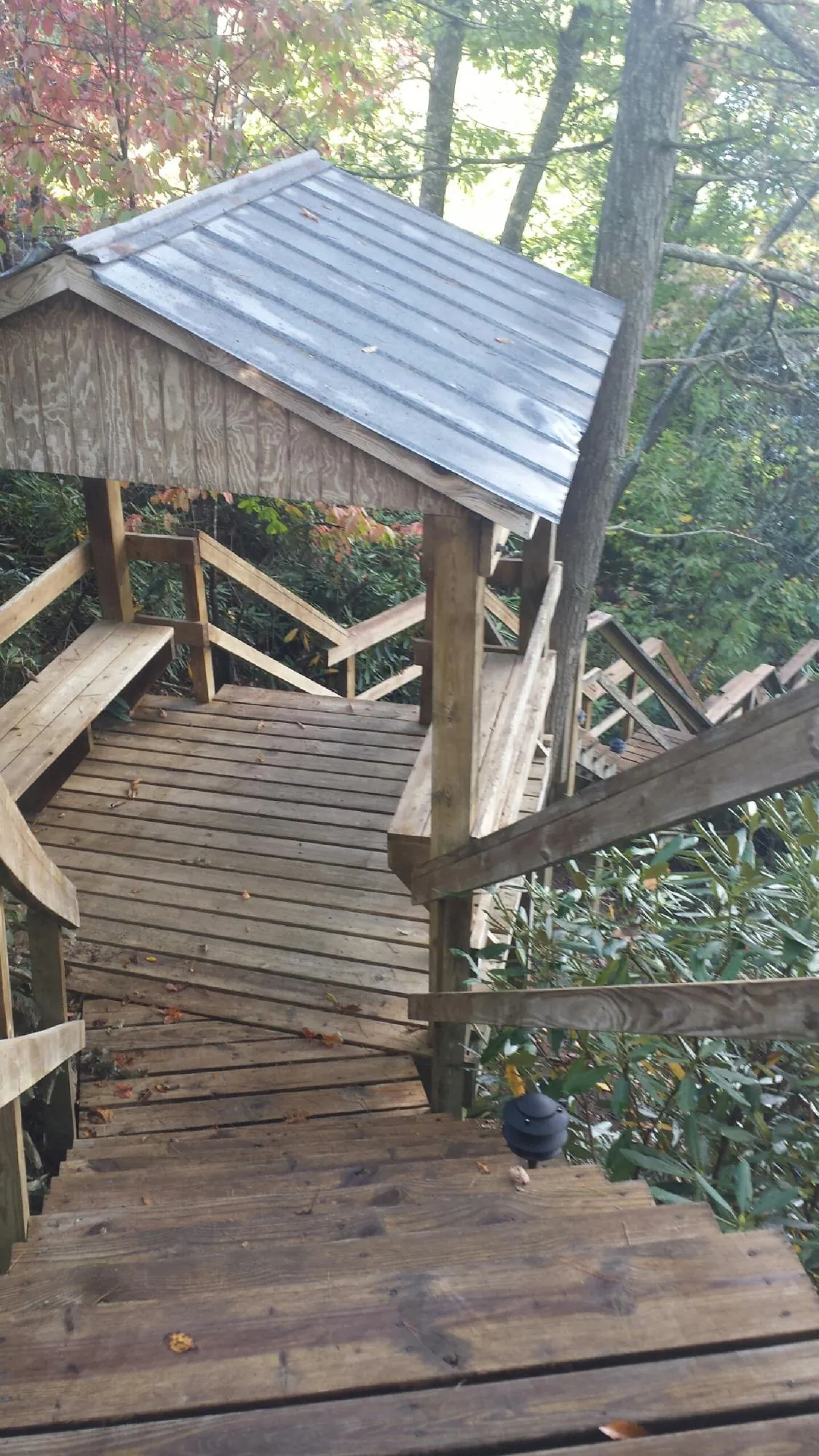 Metal roofed shelter over wooden steps on a wooded walkway — Skylight Repair & Installation work by our crew in Houlka